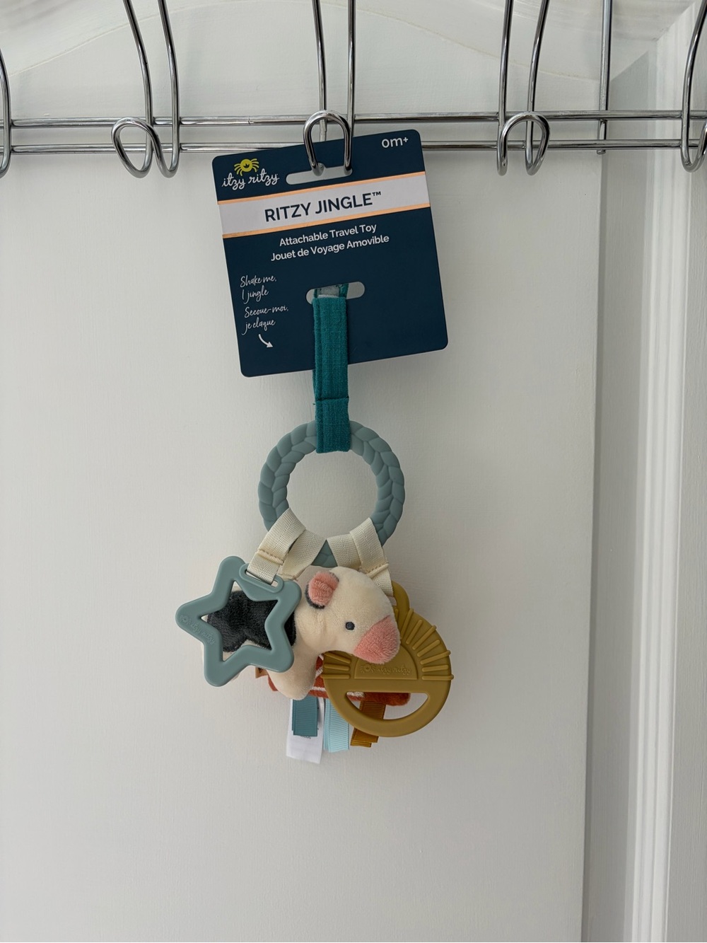 Itzy Ritzy Teal Ring Attachabe Travel Toy with Cream Plush & Mustard Teether